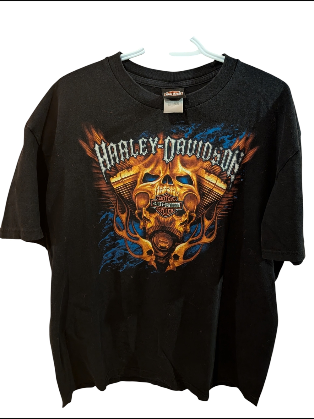 Harley-Davidson Becancour Quebec Black Tee with Orange and Blue Skull Graphic